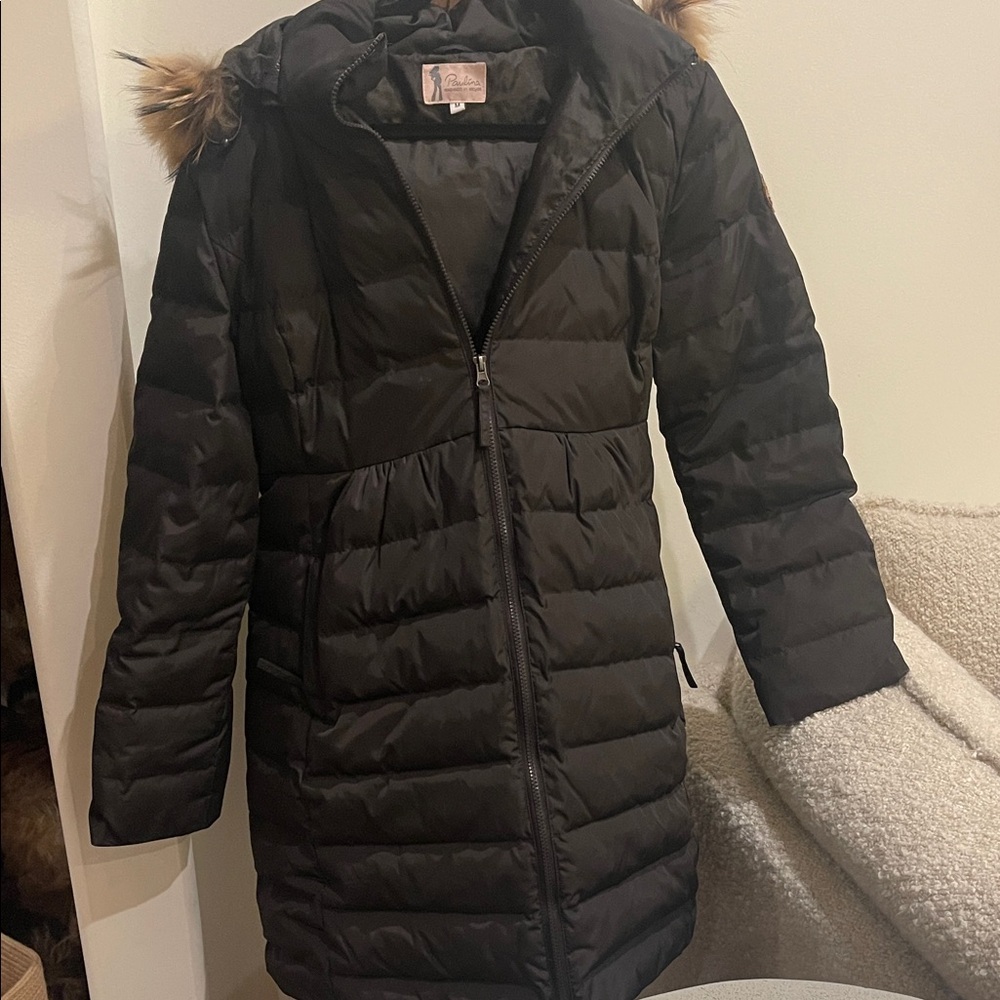 Maternity Black Puffer Coat with Faux Fur Hood